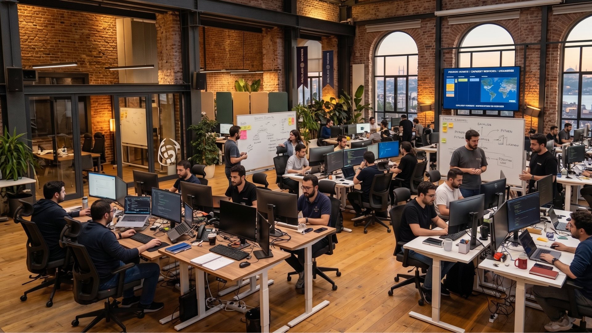 Galileoworks Istanbul geliştirme salonu — yazılımcılar bilgisayarlarında çalışırken