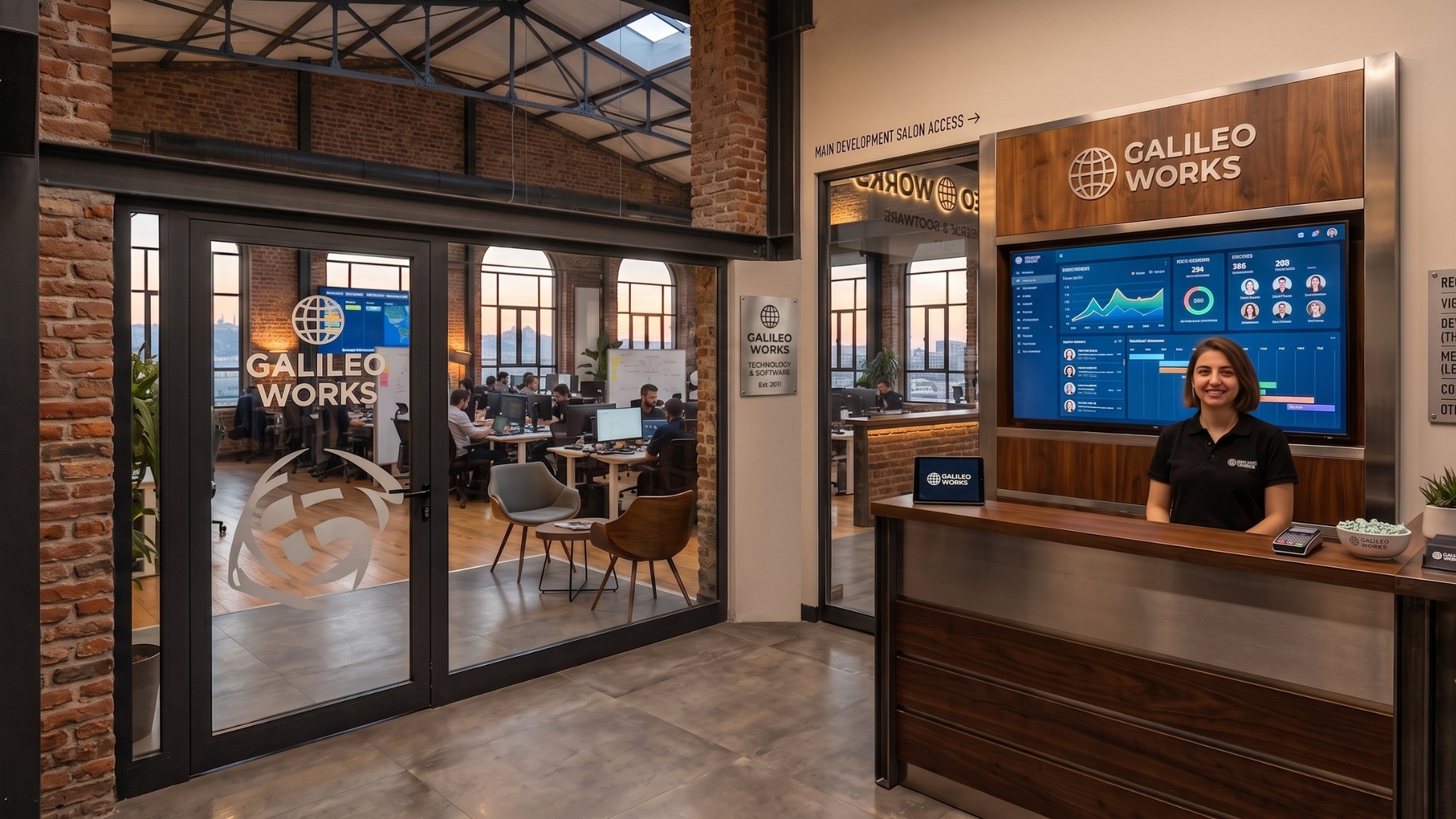 Galileoworks ofis girişi ve resepsiyonu — logolu cam kapılar ve dashboard ekranı